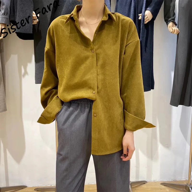 

Sister Fara Elegant Loose Corduroy Shirt Spring Women's Lapel Single-breasted Solid Blouses Autumn Ladies All-match Casual Shirt