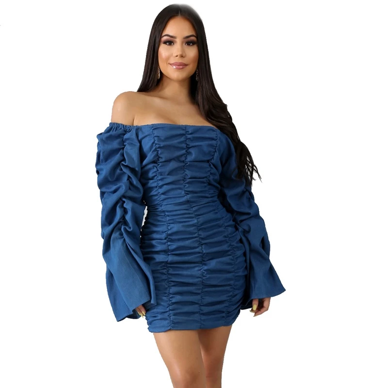 Плиссированное Платье с длинным рукавом и открытыми плечами женское сексуальное
