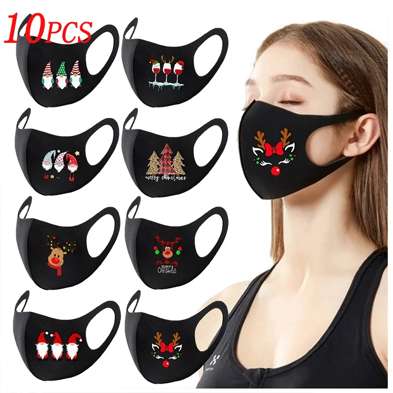 

10 шт. маски с рождественскими принтами для взрослых, многоразовые разноцветные Тканевые маски для лица, унисекс, нейтральные моющиеся маски...