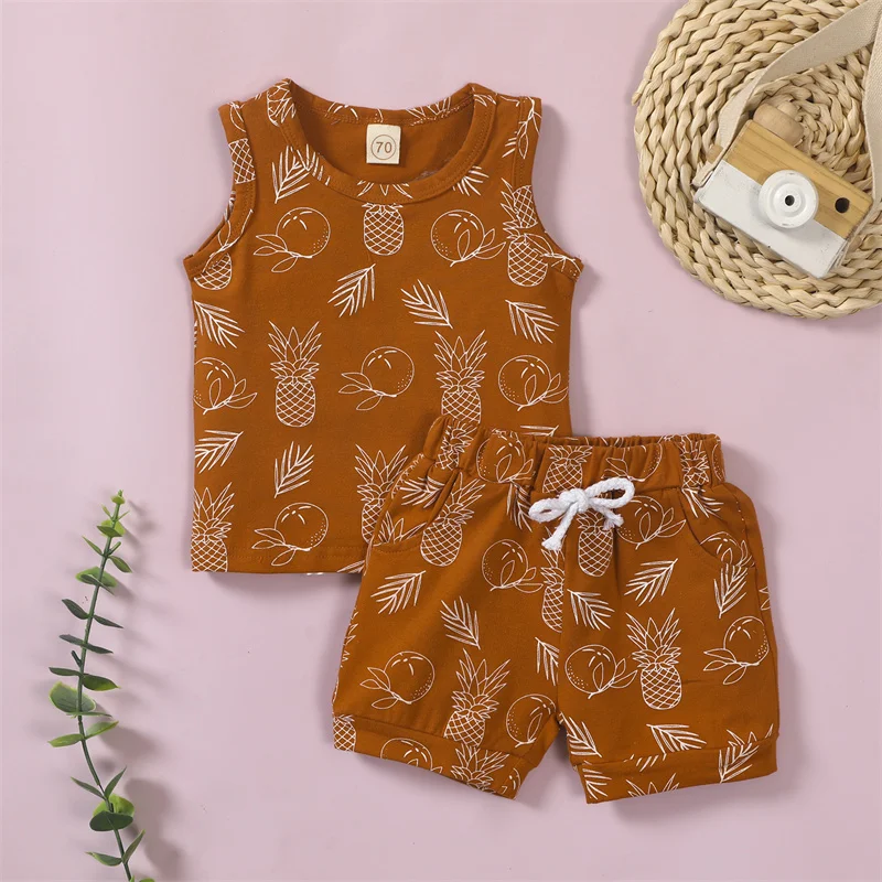 

Toddlers Infants Summer Casual Clothes Set Baby Boys Girls Fresh Pineapple Printed Sleeveless Tops & Short Pants For 0-24M Kids