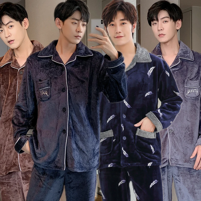 

Plus Szie 4XL 5XL Men Pajama Set Winter Warm Flannel Men Sleepwear Long Sleeve Thicken Pajamas Men Elastic Waist Leisure Outwear