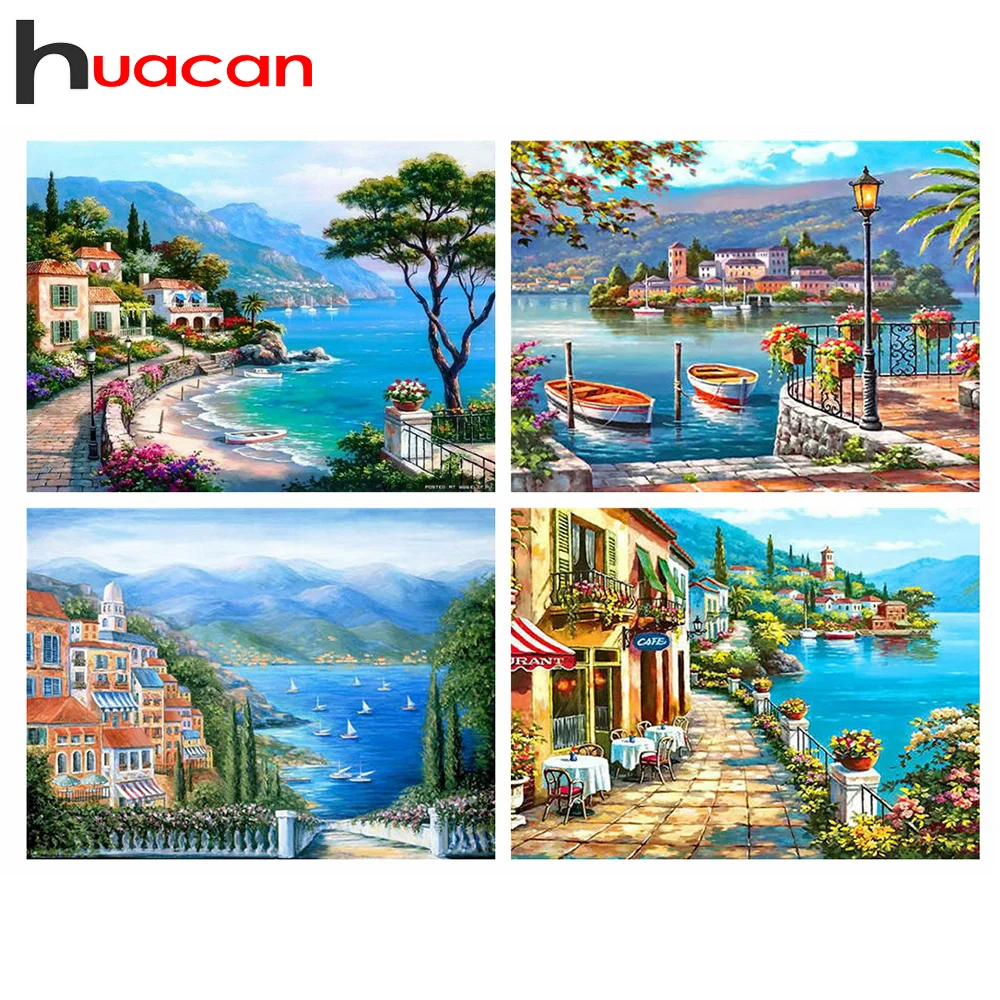 

Huacan 5D Diamond Painting Full Drill Square City Diamond Embroidery Seaside Handicraft Decor For Home