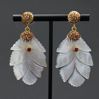 real grey mother of pearl sea shell carved leaf mop gold marcasite red cz dangle stud earrings for lady