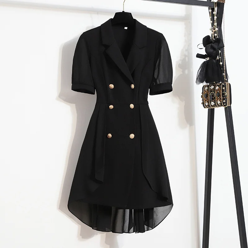 

5XL Plus size women double breasted mesh patchwork dress women Elegant office ladies blazer dresses short sleeve Summe dresses