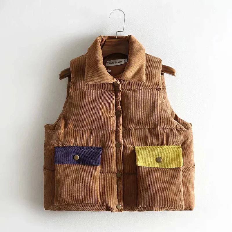 

Cotton Padded Women's Windproof Warm Waistcoat Autumn Winter Loose Corduroy Vest Stand Collar Single-Breasted Pocket Vest Jacket