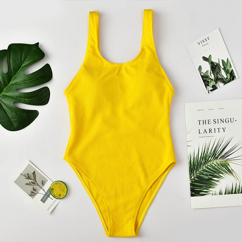 Женский купальник с глубоким вырезом и открытой спиной черный желтый