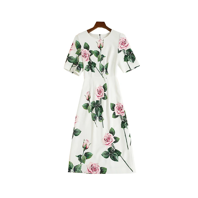 

JCHB 2021 New summer round neck short sleeve elegant temperament rose print medium length dress