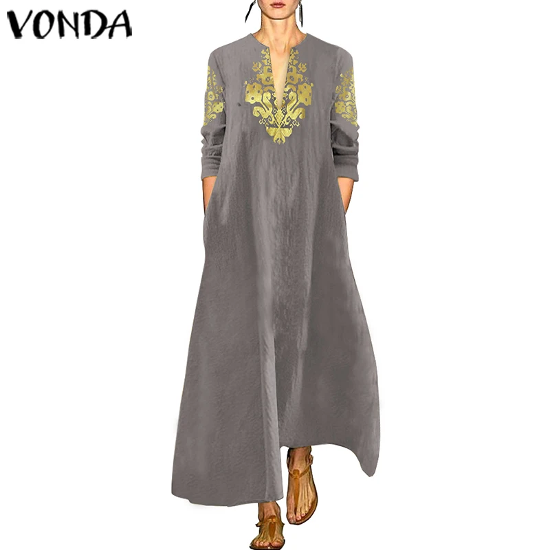 VONDA, женское хлопковое длинное платье макси, винтажное, с принтом, повседневное, свободное, сарафан, Осеннее, сексуальное, с v-образным вырезом, вечерние, Vestidos, негабаритные, Robe Femme