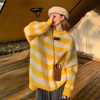 2022 autumn winter new sweater womens top loose thickened stitching blue stripe round neck long sleeve knitted pullover