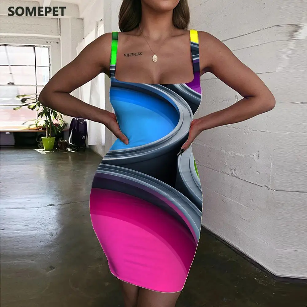 

SOMEPET Colorful Dresses Women Pigment 3d Print Painting Bodycon Dress Harajuku Halter Sleeveless Womens Clothing Club Short