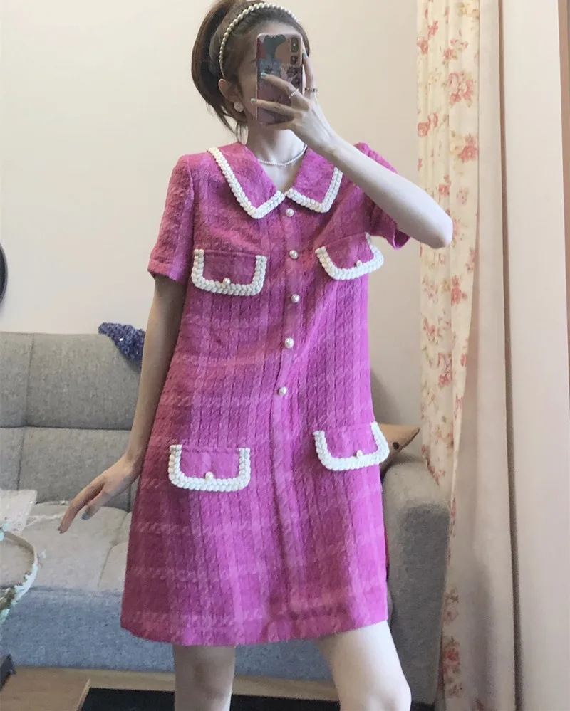 

2021 Spring Summer Fashion women's High quality Short sleeves plaid tweed A-line dress B975