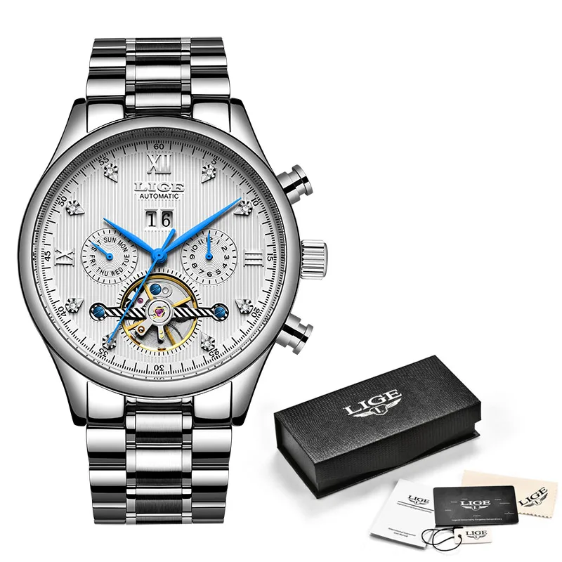 Silver white LIGE новые мужские часы Топ бренд Роскошные автоматические/механические/роскошные часы мужские спортивные наручные часы Мужские часы reloj hombre tourbillon - Цвет: Silver white
