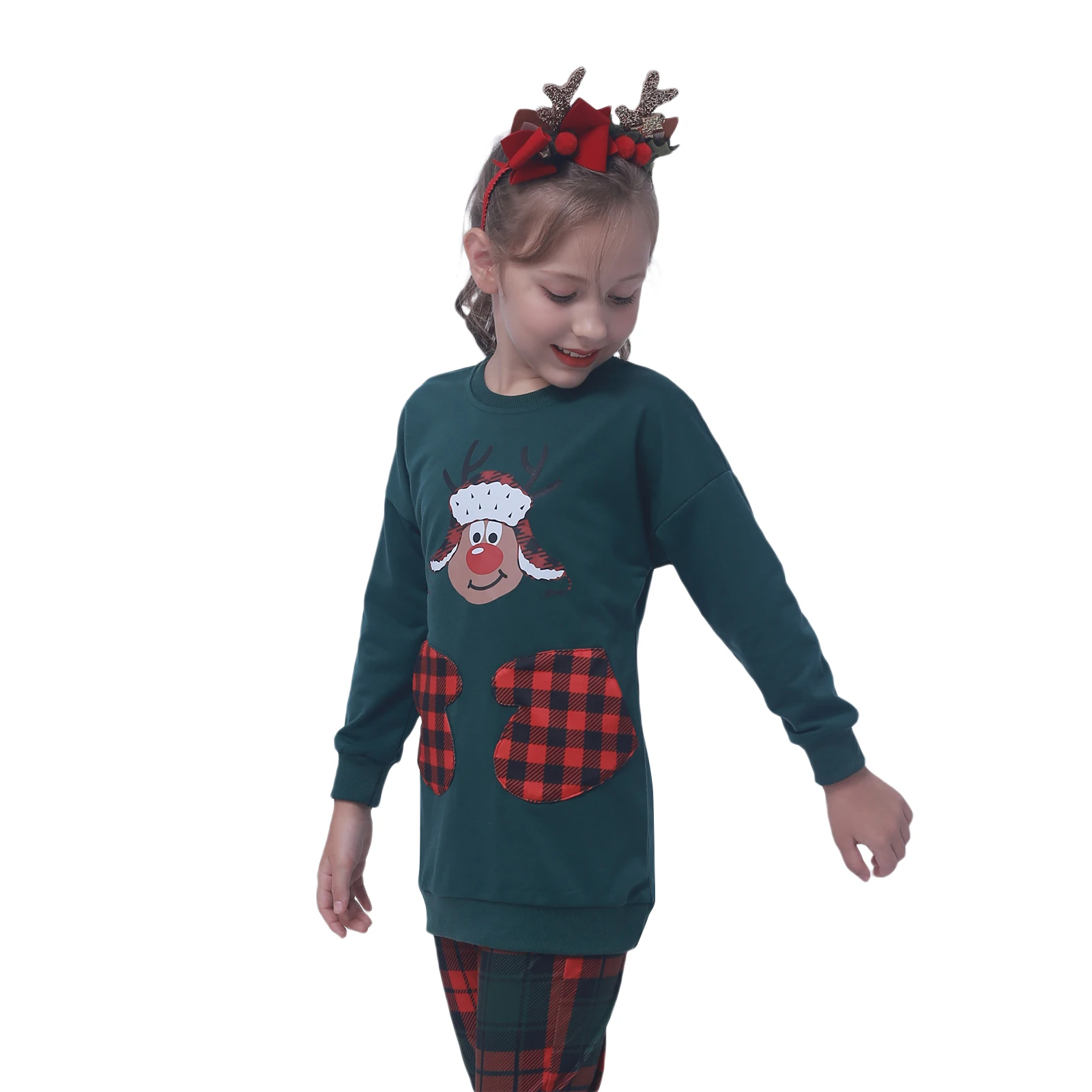 

Toddler Girl Christmas Dress, Long Sleeve Reindeer Print Pullover Dress with Pockets