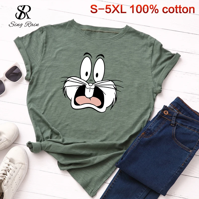 SINGRAIN Милая женская футболка с мультяшным кроликом 2019 Модные 100% хлопковые топы