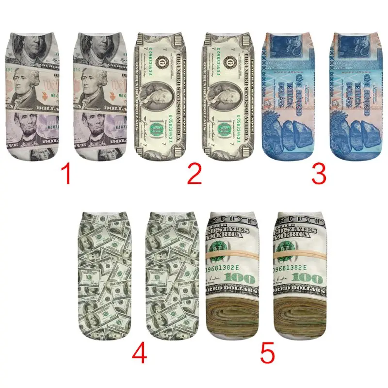 Unisex Couples Funny 3D Dollars Money Digital Printing Low Cut Short Boat Socks Rib Trim Summer Sport Casual Hosiery 5 Styles | Женская