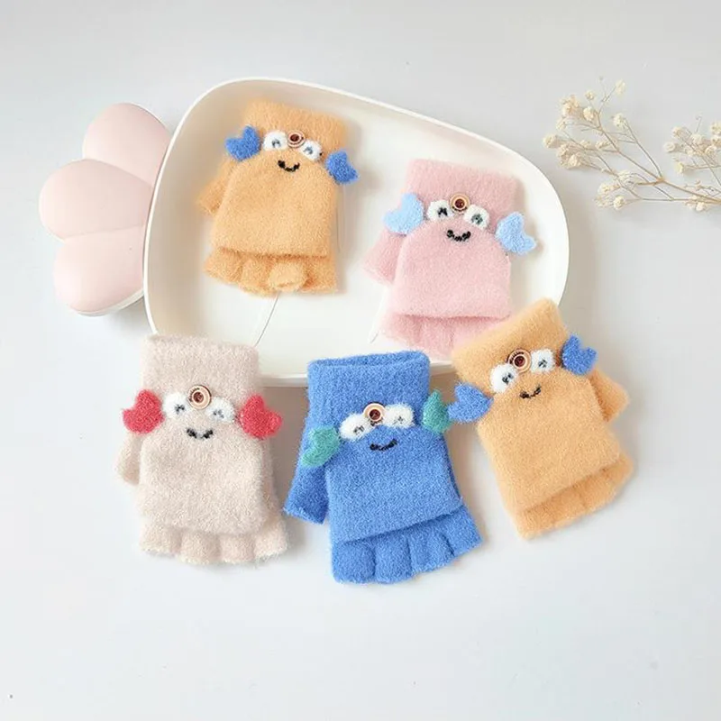 

3-8 Year Old Kids Winter Knitted Cute Crab Cover Gloves Christmas Cartoon Warm Soft Flip Top Fingerless Mittens Children Girls