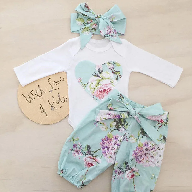 

Newborn Kid Baby Girl clothes set Floral long sleeve Jumpsuit 3pcs print Pants +headwear Outfit Set clothes