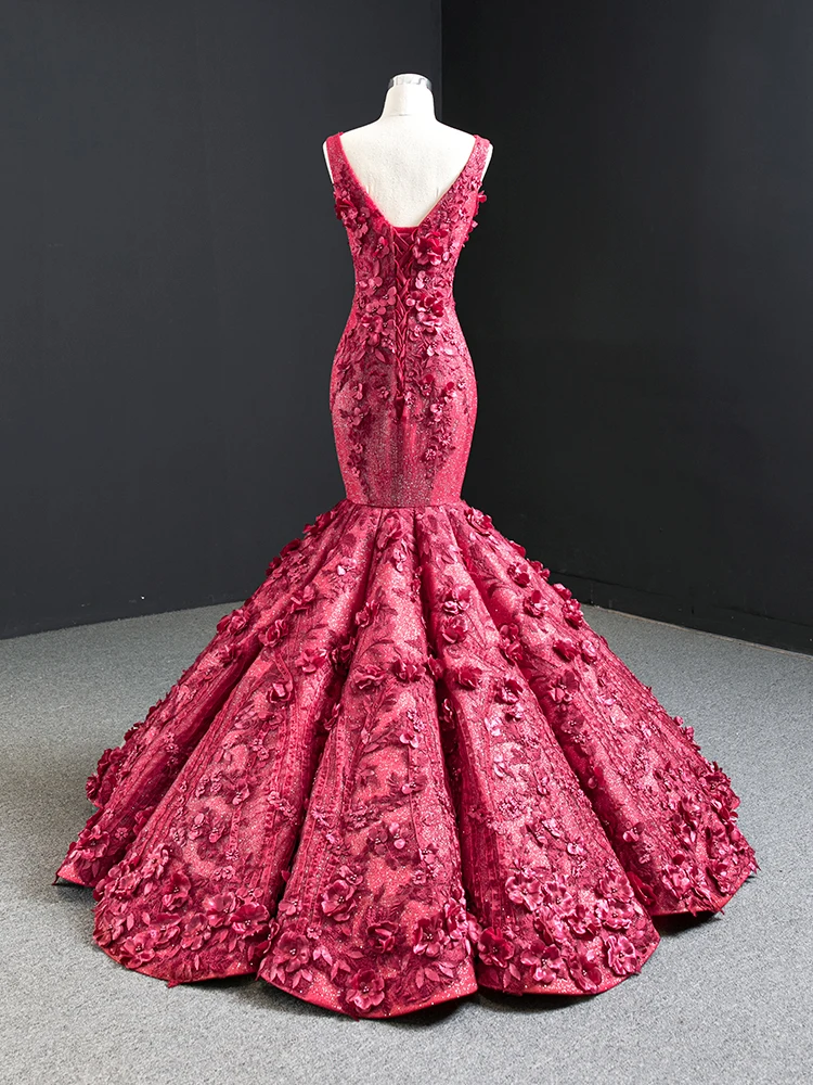 

Elegant Wine Evening Dress For Party Gown 3D flowers Lace Long Prom Dress Custom Made Bridal Formal Gowns 2021