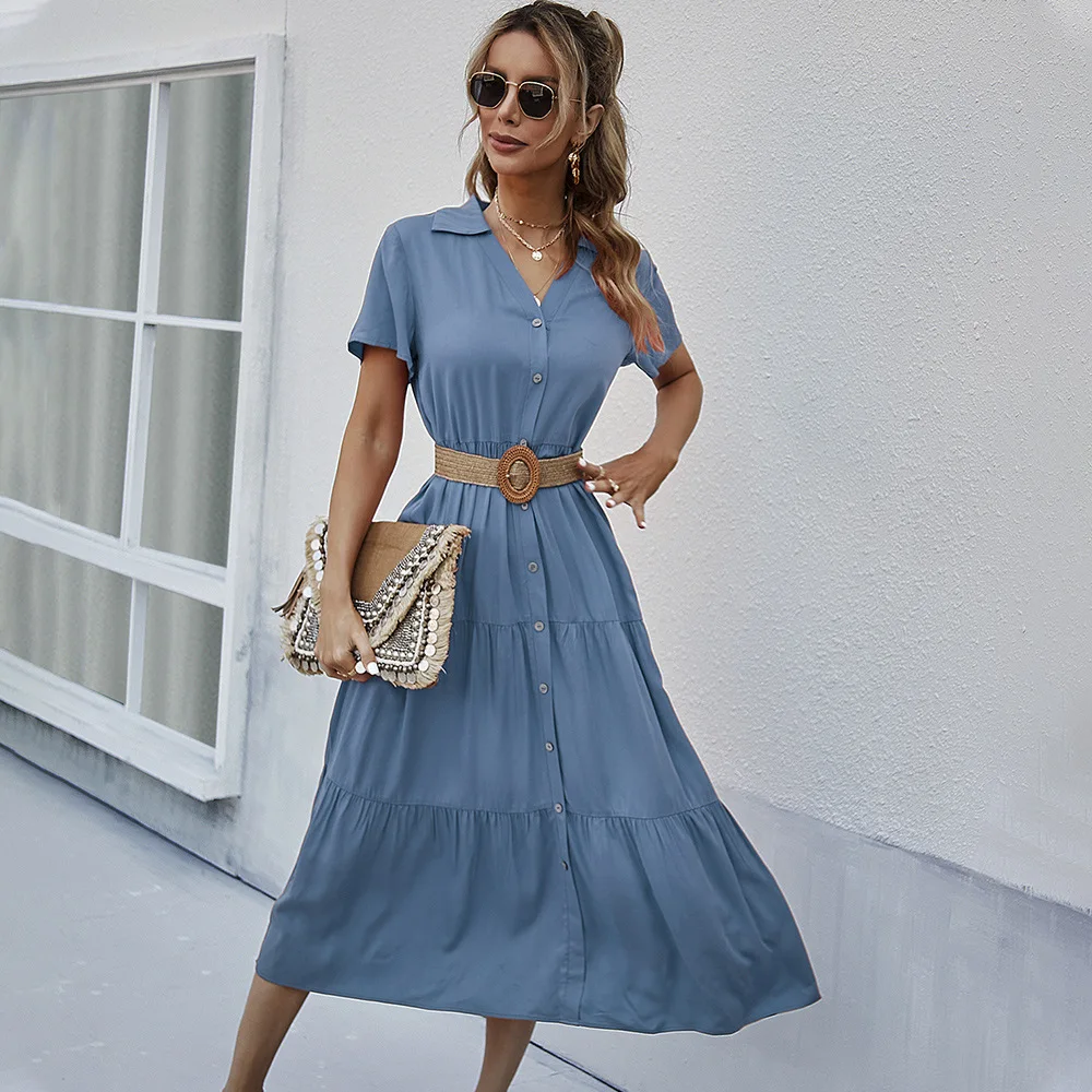 

Платье-рубашка женское на пуговицах, приталенный элегантный офисный сарафан средней длины с V-образным вырезом, на лето