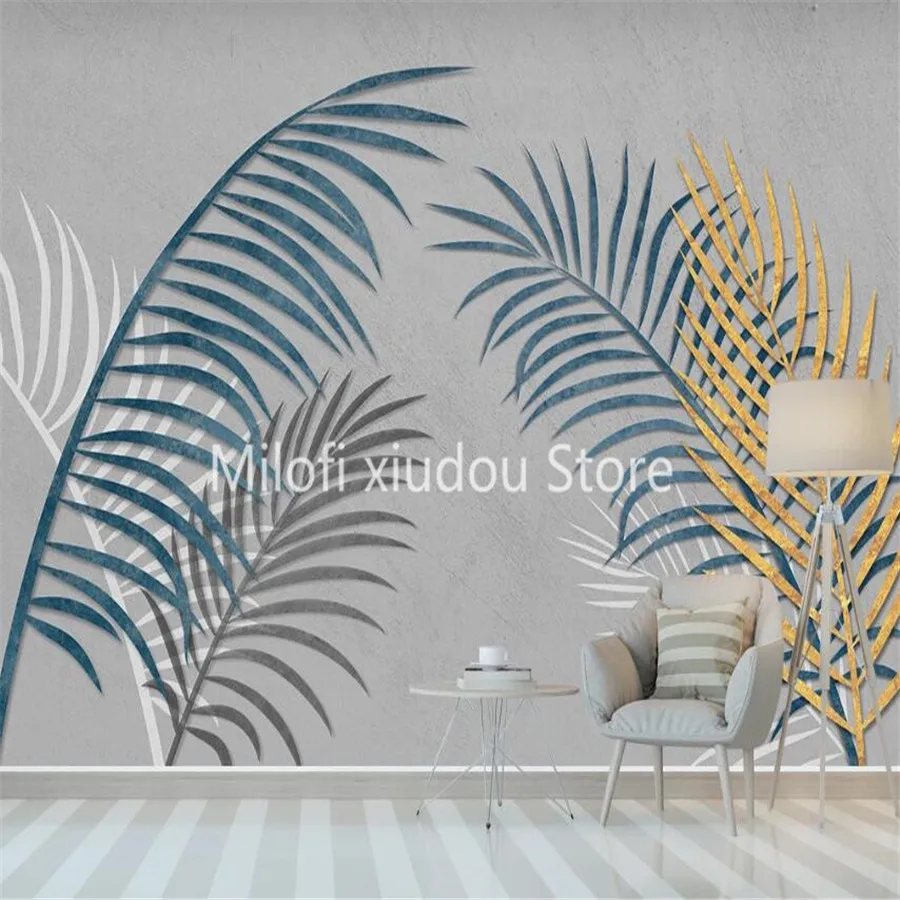 

Milofi custom 3D wallpaper mural Nordic minimalist lines tropical leaves golden leaves living room background wall decoration pa