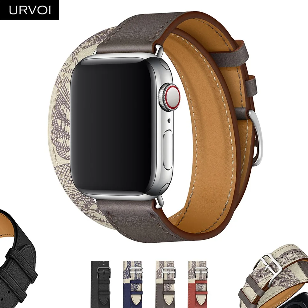 URVOI Печатный двойной тур ремешок для Apple Watch 5 4 3 ремешок для iwatch натуральная кожа петля очень длинный ремень качество 40 44 мм