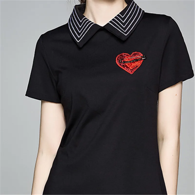 

Summer Women Plus Size Dress Fashion Embroidery Polo collar Short Sleeve T-shirt Dress Female High quality Loose A-Line Dress