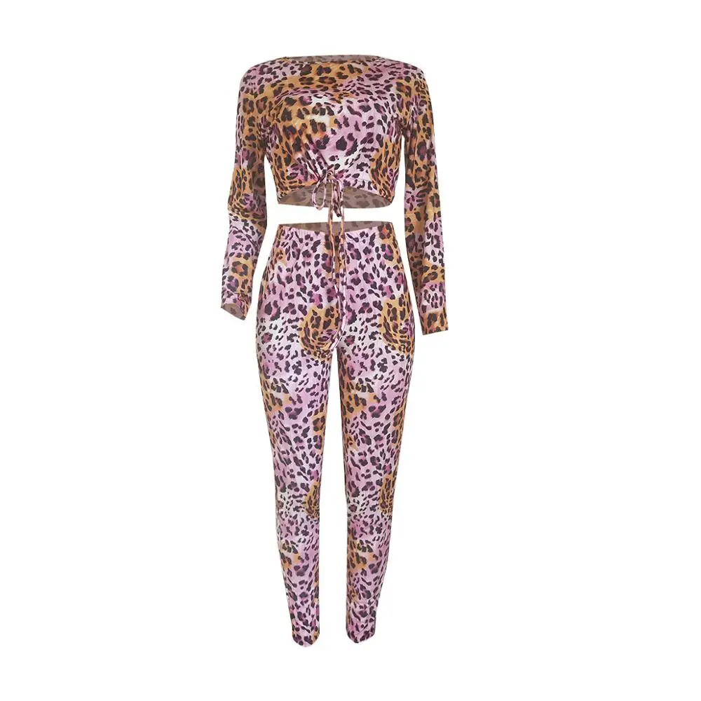 

Two Piece Pants Set Women Summer 2020 Leopard Print Long Sleeve Crop Top and Long Pants Set Ensemble Femme 2 Pieces Club Outfits