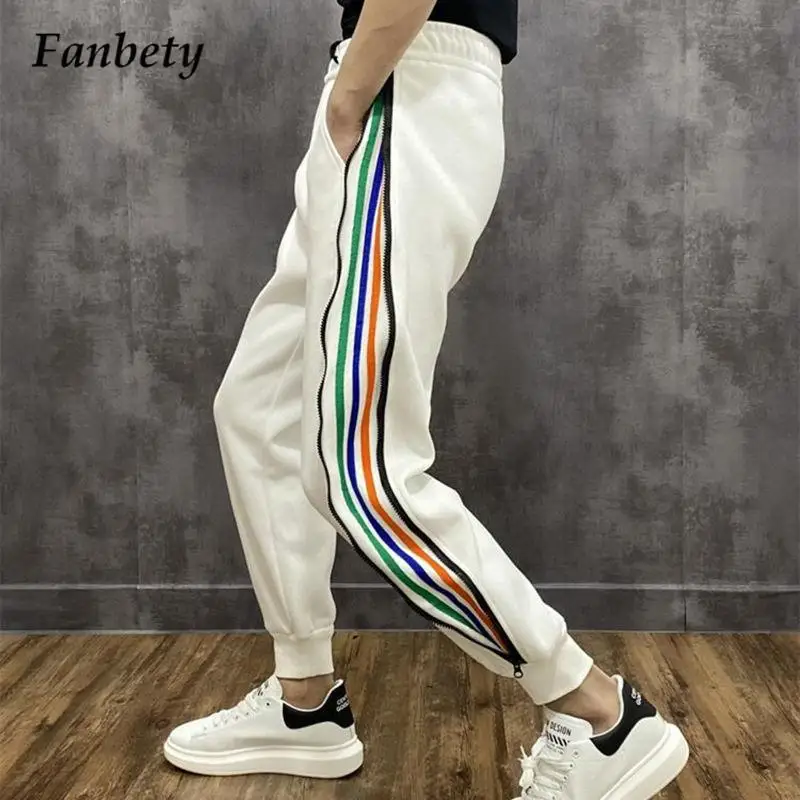 

Autumn Fashion Side Zip Design Striped Print Jogger Trousers Men's Casual Spring Sweatpants Men Harajuku Mid Waist Pencil Pants