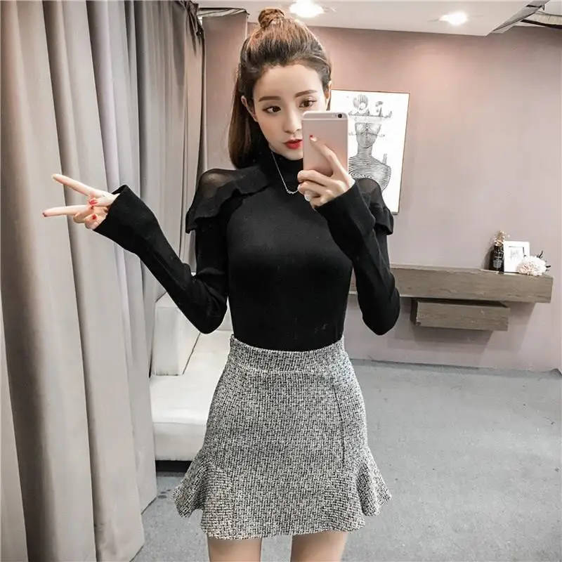 2019 Women Casual Solid Mesh Sweater Elasticity Long Sleeve Ruffles Slim Turtleneck Knitted Pullovers Jumper | Женская одежда