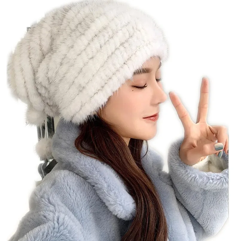 winter beanies for ladies winter hats for women genuine mink fur luxury  baggy hat with fur pompom female hat H15