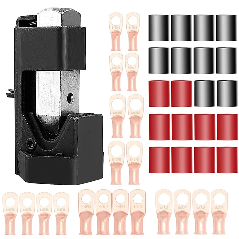 

Battery Cable Lug Crimping Tool For AWG 8-4/0 Terminal With Copper Tubular Ring Connectors And Adhesive Heat Shrink Tube