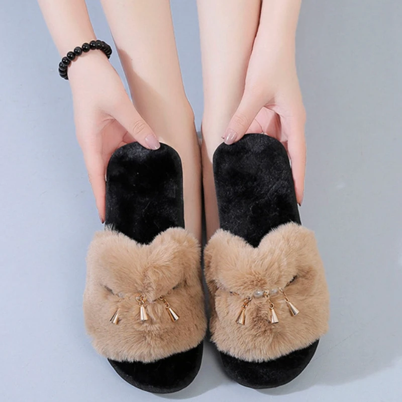 

ASILETO Winter Slippers String Beads metal Pantoufle Girl Women Round toe Big size 36-41 Pink Grey Black Indoor Outside F1010