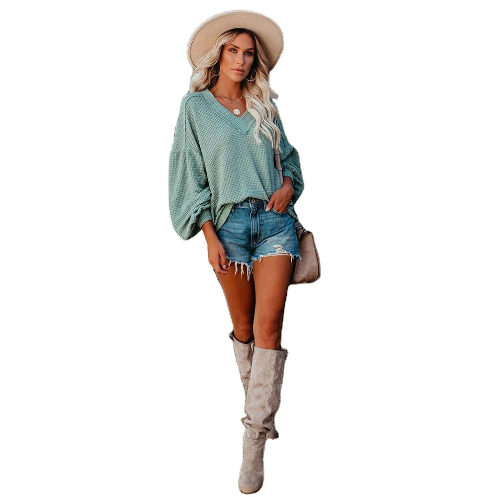 

2020 New European and American Fashion Women's Loose-fitting V-neck Knitted Sweater Lantern Sleeve Top Long-sleeved Woman