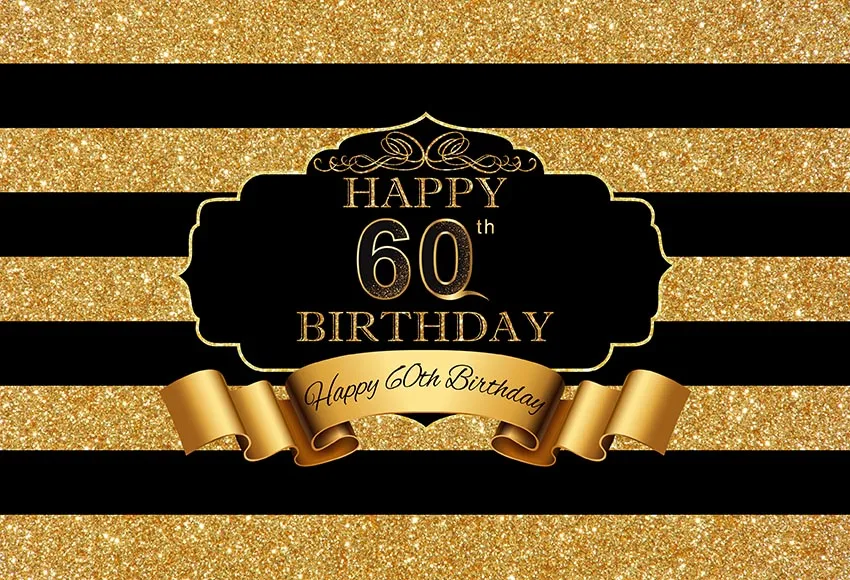 

7x5ft Gold Black Stripes Happy 60th Birthday Party Sequins Custom Photo Studio Background Backdrop Vinyl Banner 220cm x 150cm