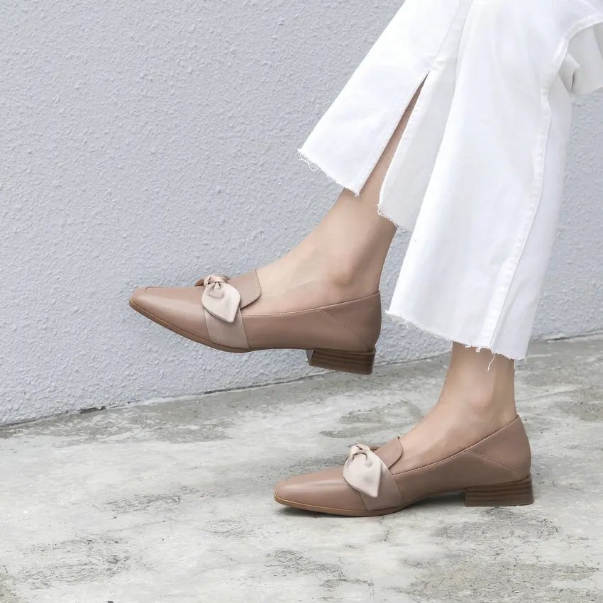 

QUTAA 2021 Spring Autumn Butterfly-Knot Low Heel Slip On Women Shoes High Quality Cow Leather Ladies Flats Shoes Size 34-39