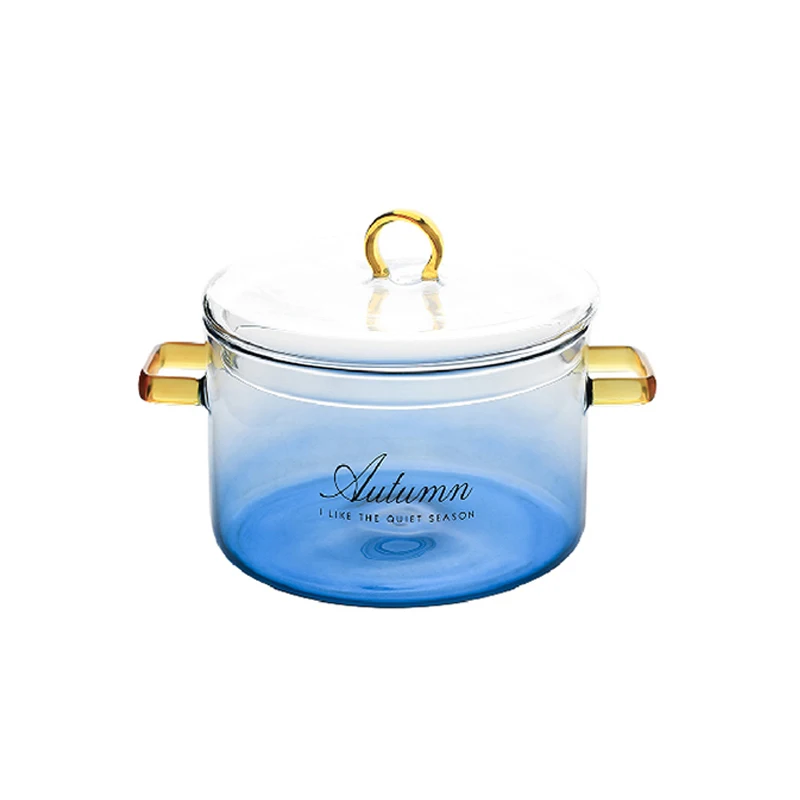 Стеклянная кастрюля RHE градиентного цвета синяя с крышкой термостойкая