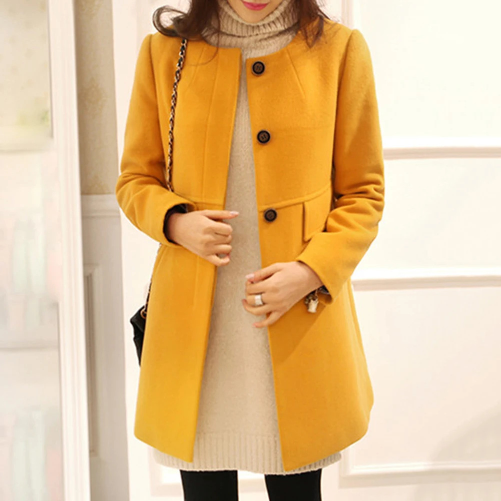 Зимняя шерстяная одежда длинное пальто для женщин с длинным рукавом и круглым
