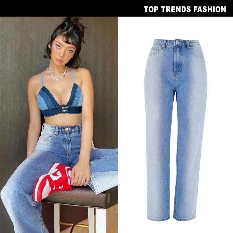 

Женские джинсы в стиле 90-х в стиле Харадзюку Y2K с высокой талией светильник кие голубые классические брюки в стиле укороченного покроя для д...