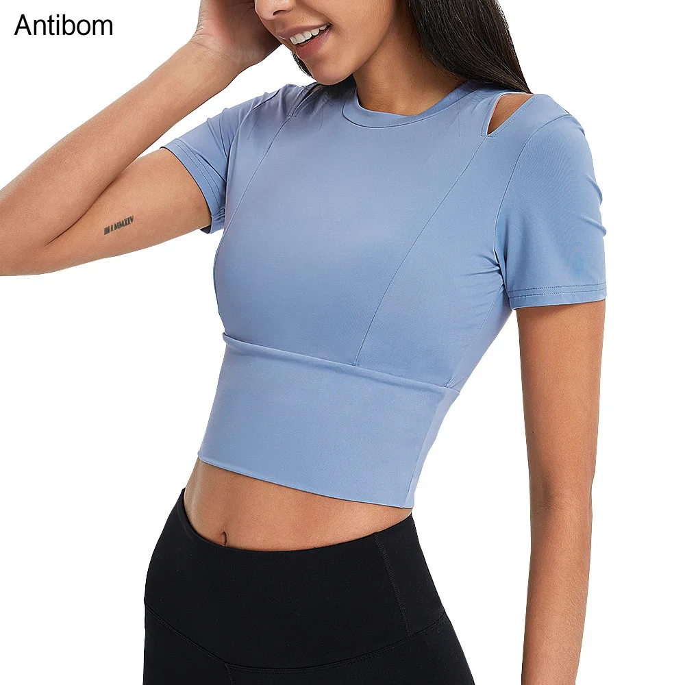 

Antibom Yoga Shirt Women Hollow Out Shoulder Design Short Stytle Workout Gym Vest Solid Color Nylon + Spandex Fitness Crop Top