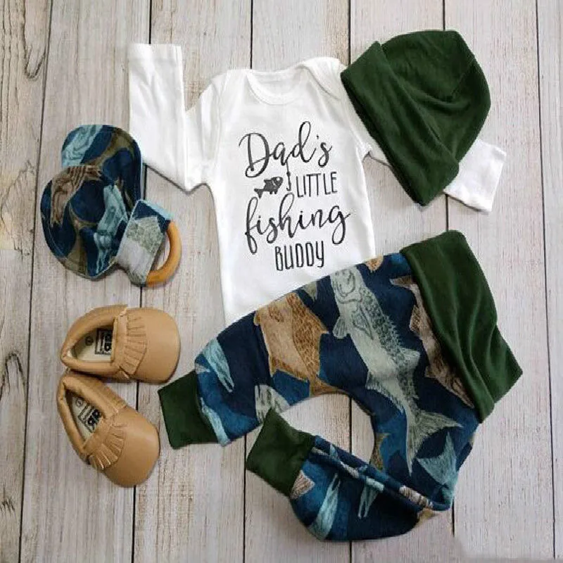 

3PCS Pudcoco Newborn Baby Boy Fish Cotton Tops Bodysuits Long Leggings Hat Outfits Clothes