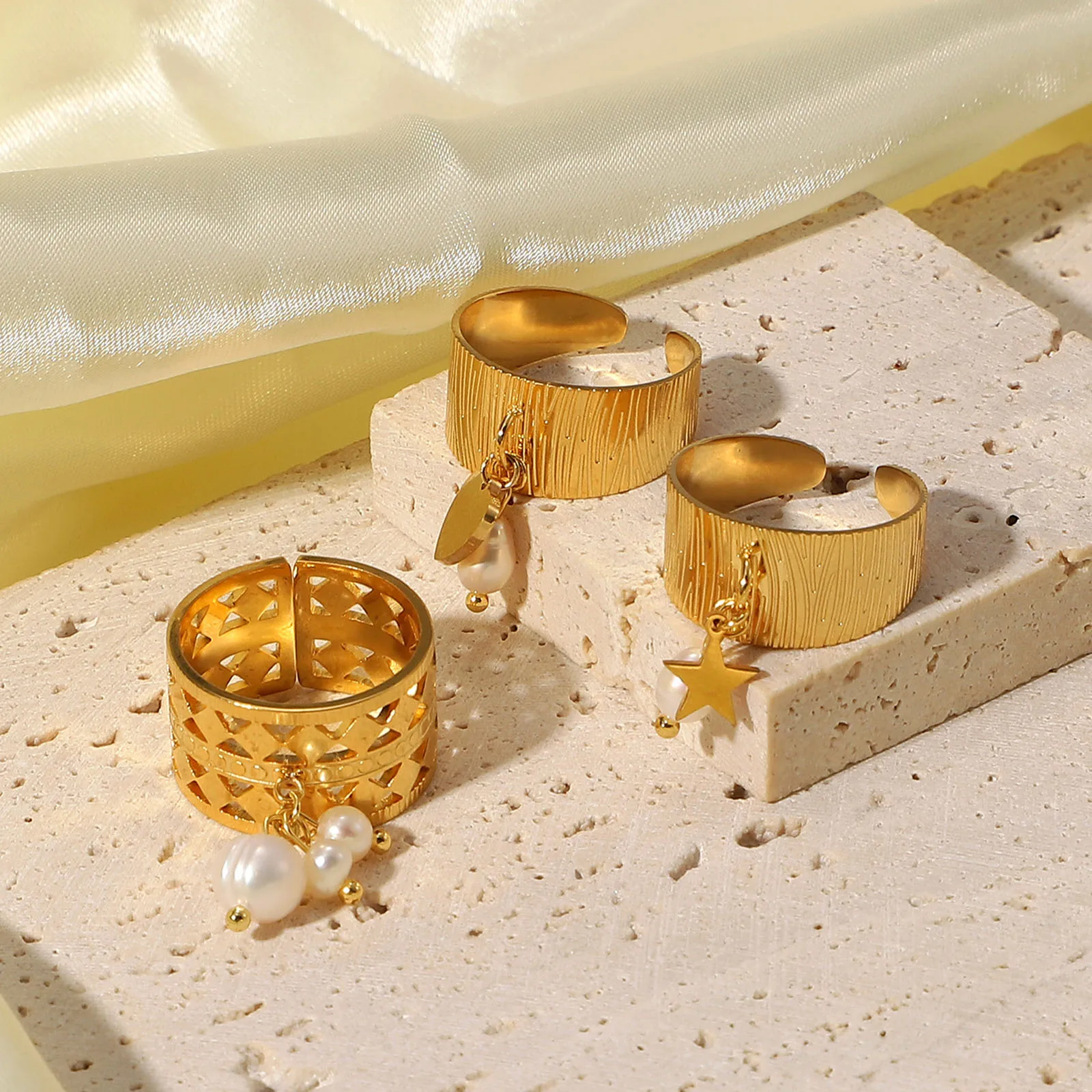 

1 PC Stainless Steel & Natural Pearl Open Adjustable Rings Gold Color White Pearl Star Heart Pendant Wide Ring