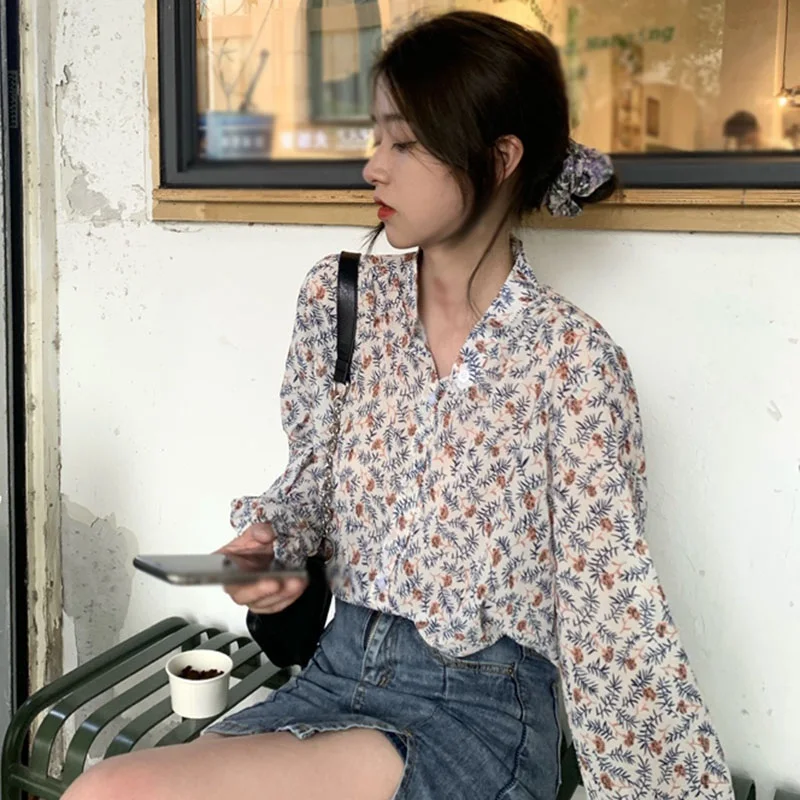 

Women Sweet Tops Floral Print Chiffon Blouse Shirts O Neck Single Breasted Long Sleeve Girls Autumn Outfits
