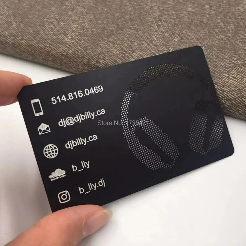 Black color metal plate cutting out metal stainless steel business card with matte surface