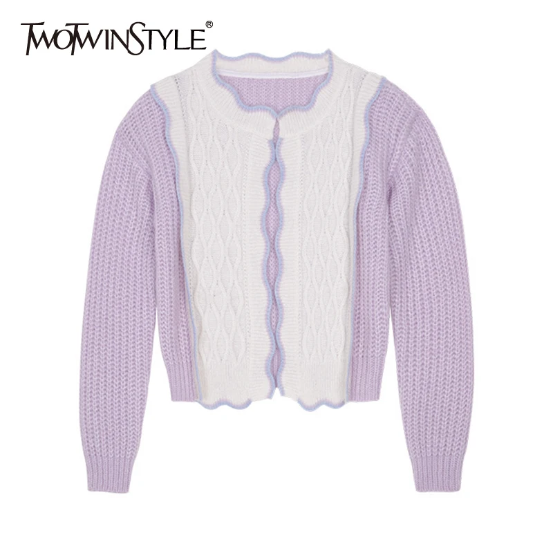 

TWOTWINSTYLE Elegant Colorblock Cardigan For Women Round Neck Long Sleeve Korean Fashion Temperament Women's Sweater 2021 Spring