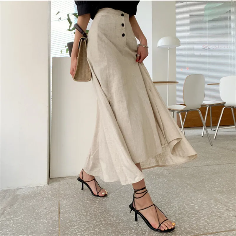 

High Waist Skirts Womens 2021 New Summer OL Elegant Vintage Stylish Solid Cotton Linen A-Line Irregular Split Long Skirt