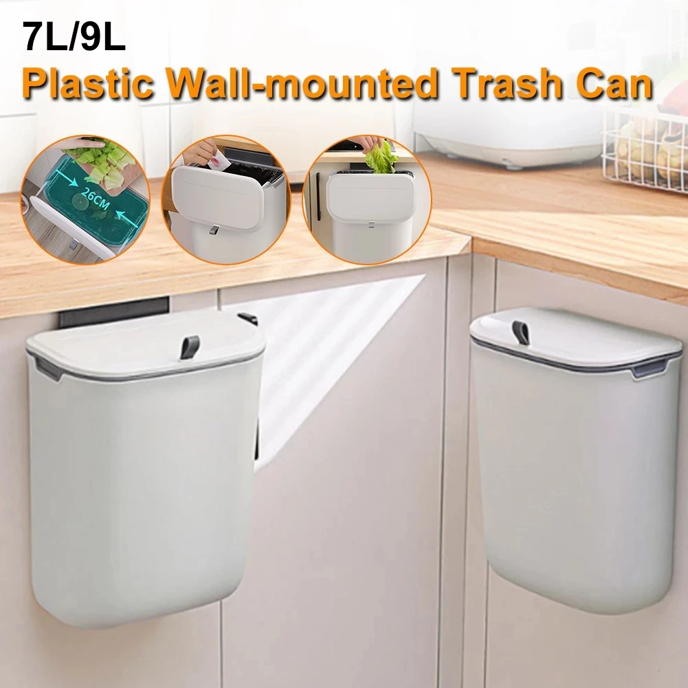 

7/9L Wall Mounted Trash Can With Lid Kitchen Waste Bin For Kitchens Cabinet Door Hanging Garbage Bin Car Recycle Dustbin Rubbish