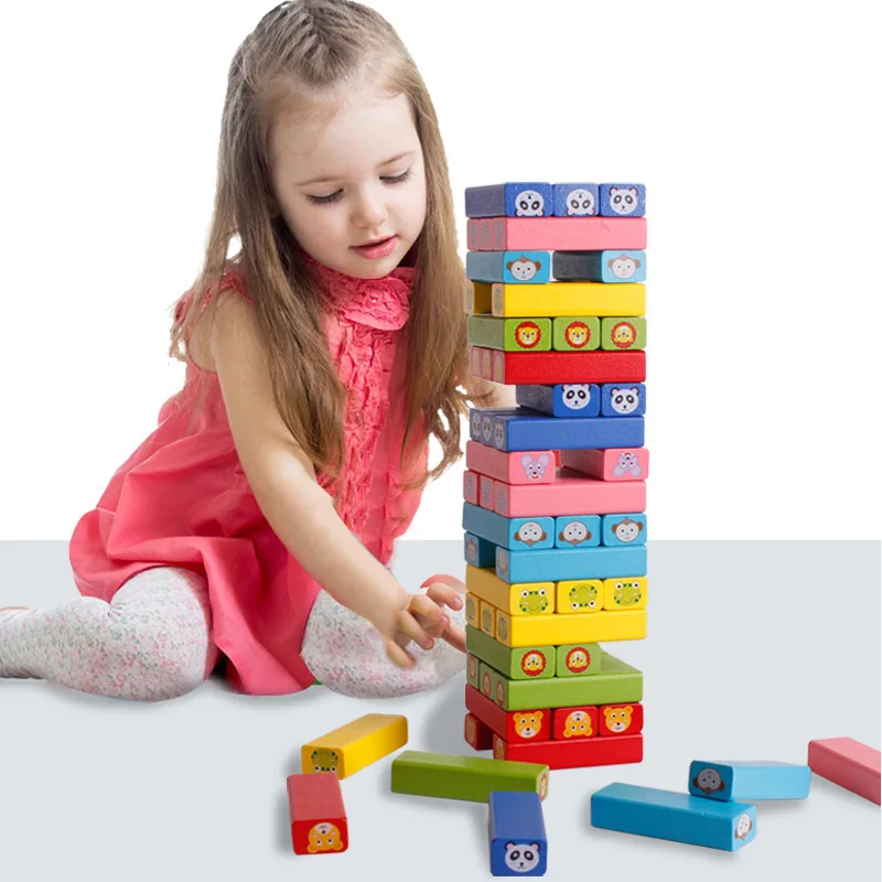 

54 шт. деревянные строительные блоки игрушка мультяшное животное Красочная радуга домино укладка башня креативные настольные игры для дете...