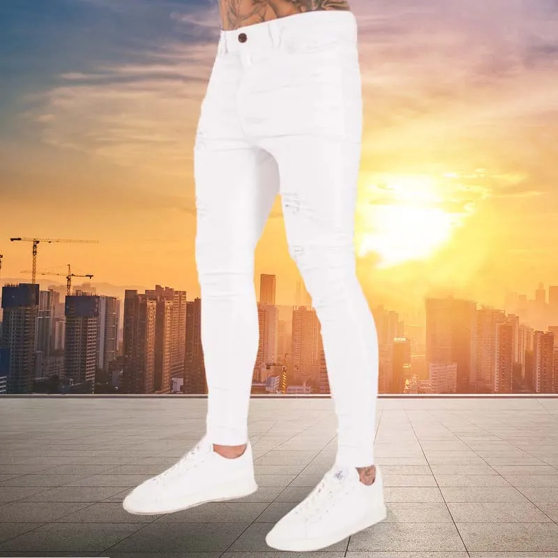 2021 New Mens Jeans Hip Hop White Moto Skinny Ripped Pure Color Elastic Denim Pants Male Casual Waistline Jogging Pencil Pants