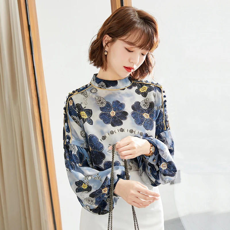 

Women's Design Sense Lantern Sleeve Chiffon Shirt 2021 Spring Fashion Loose Floral Print Stand Collar Elegant Slim All-match Top