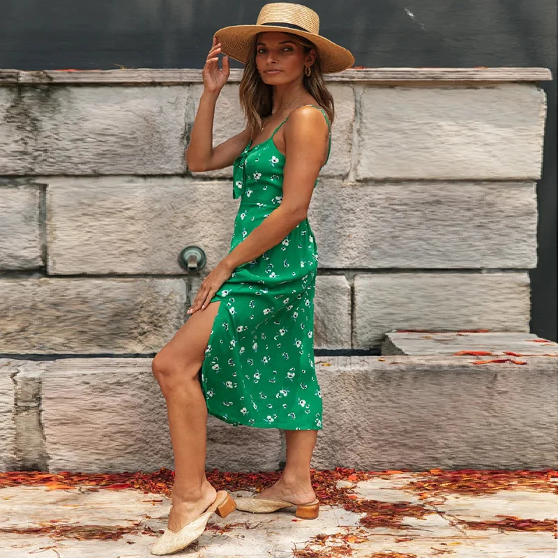 

Women Bohemian Bow Bandage A-line Party Dress Sleeveless Sexy V neck Flower Printed Elegant Causal Dress 2020 Summer New Dress